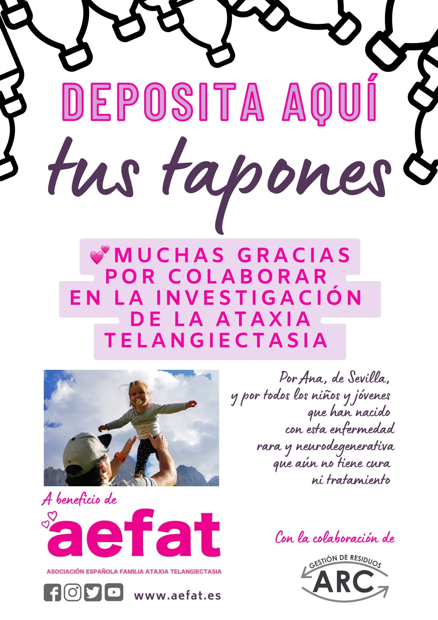 Cartel tapones solidarios para Aefat ataxia telangiectasia